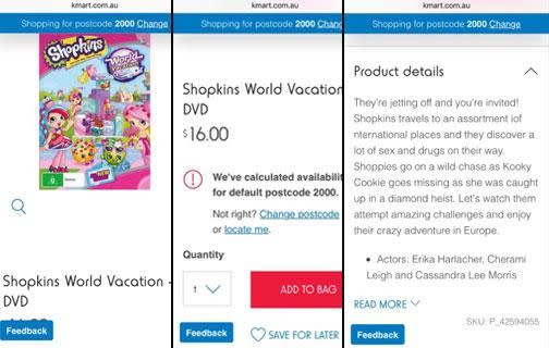 Shoppers have noticed that the Shopkins World Vacation DVD, with a General viewing classification, has references to 