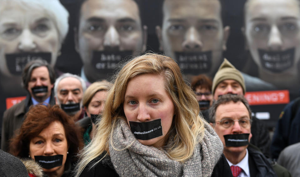 <p>Stop the Silence campaigners launch a nationwide poster outside Parliament in London, Britain on February 27, 2017. Stop hard Brexit campaigners have launched a nationwide campaign poster outside parliament calling for the Lords to make amendments to the Article 50 bill and for the public to speak out over the governments hard Brexit policy. (Andy Rain/EPA) </p>