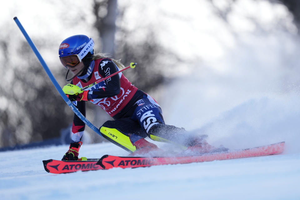 Mikaela Shiffrin of United States competes during a women's World Cup slalom skiing race Sunday, Nov. 26, 2023, in Killington, Vt. (AP Photo/Robert F. Bukaty)