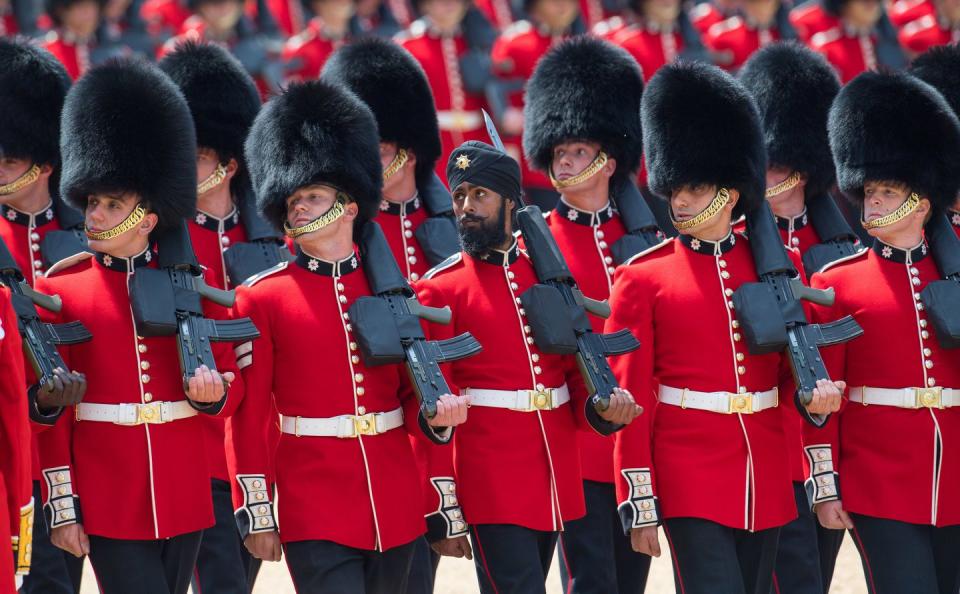 <p>A Sikh guardsman became <a rel="nofollow noopener" href="http://www.harpersbazaar.com/celebrity/latest/a21245817/sikh-guardsman-wears-turban-trooping-the-colour-2018/" target="_blank" data-ylk="slk:the first to march in a turban;elm:context_link;itc:0;sec:content-canvas" class="link ">the first to march in a turban</a> at the Trooping the Colour.</p>