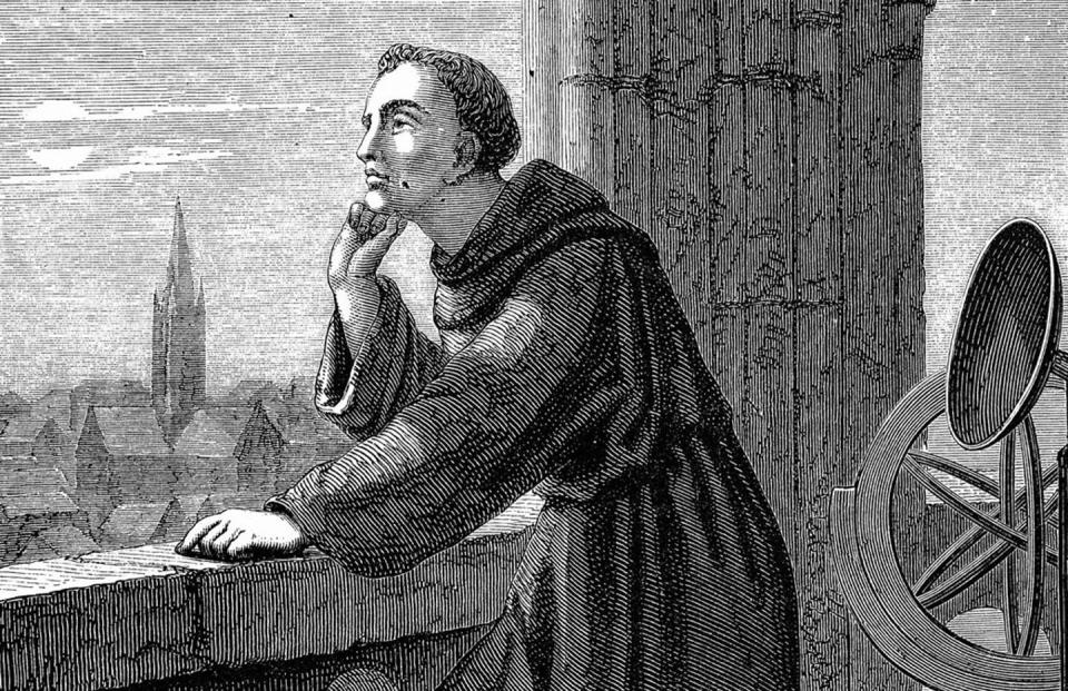 <span class="caption">Artist Jan Verhas illustrated Roger Bacon observing stars from Oxford. Astronomy was just one of the many areas of science Bacon explored as he compiled encyclopedias of scientific knowledge.</span> <span class="attribution"><a class="link " href="https://commons.wikimedia.org/wiki/File:Bacon_1867.jpg" rel="nofollow noopener" target="_blank" data-ylk="slk:Wikimedia;elm:context_link;itc:0;sec:content-canvas">Wikimedia</a></span>