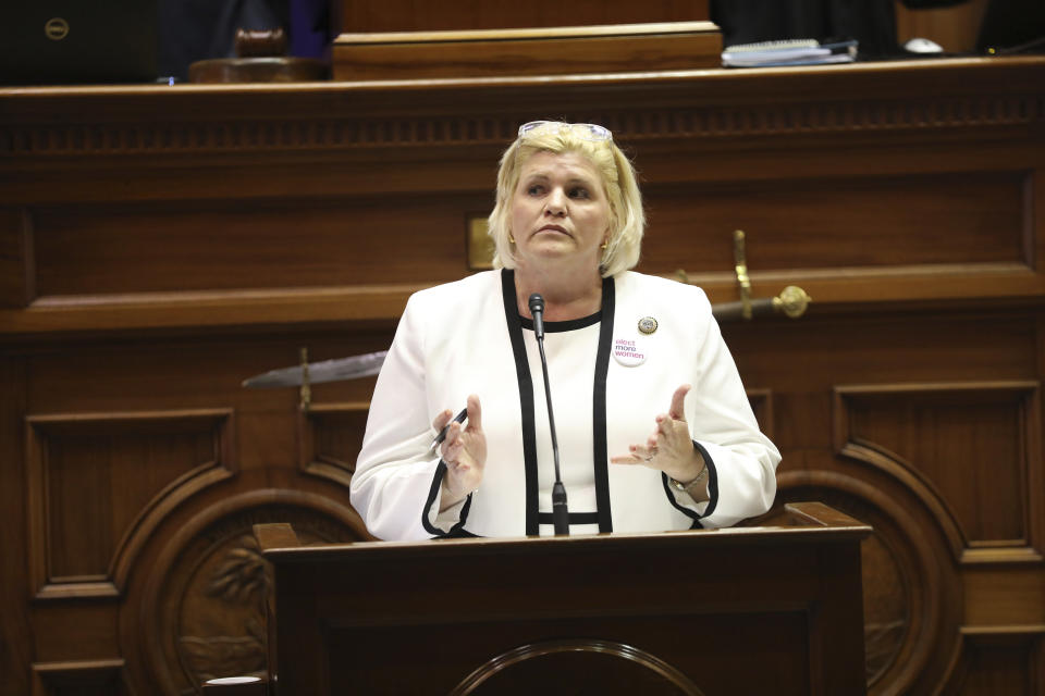 South Carolina Sen. Penry Gustafson, R-Camden, speaks during a Senate debate on whether to pass a stricter law on abortion, Tuesday, May 23, 2023, in Columbia, S.C. (AP Photo/Jeffrey Collins)