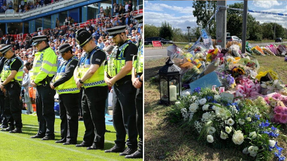 Photo of the moment of silence at the Reading FC and Cardiff City football game and the flower tributes left at the crime scene.
