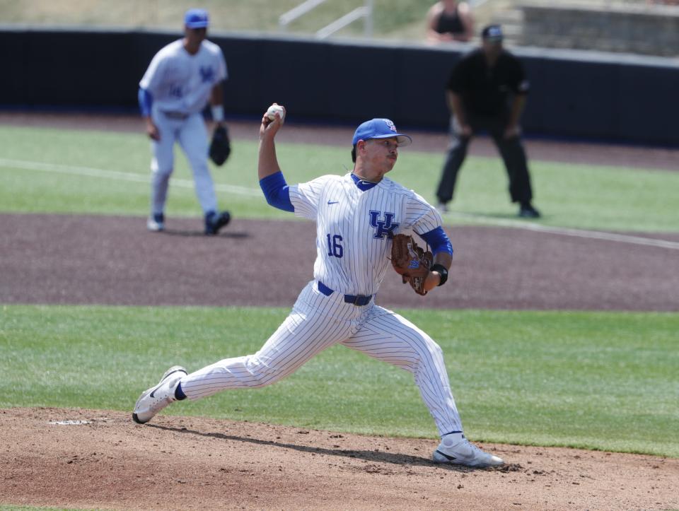 UK's Austin Strickland (16) delivered a pitch against West Virginia during the Wildcats' elimination game in the NCAA regionals in Lexington Ky. on June 4, 2023.