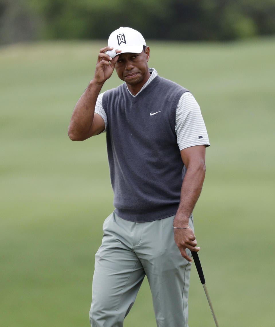 Tiger Woods tips his cap after making a putt on the fifth hole hole during fourth round play at the Dell Technologies Match Play Championship golf tournament, Saturday, March 30, 2019, in Austin, Texas. (AP Photo/Eric Gay)