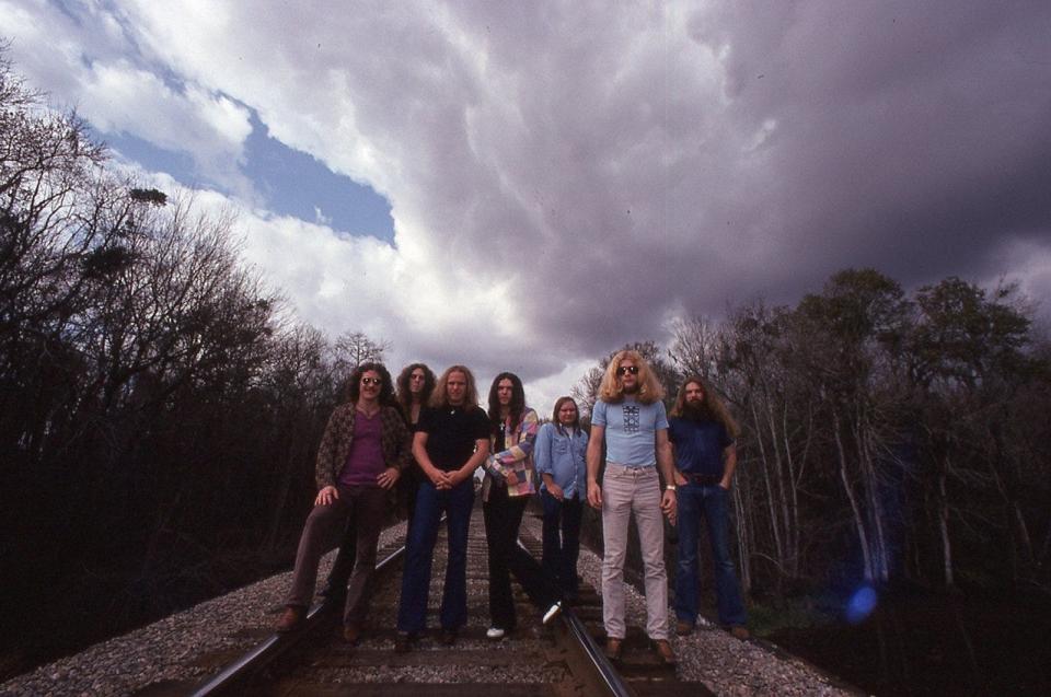 Lynyrd Skynyrd, circa 1975: pianist Billy Powell, guitarist Allen Collins, singer Ronnie Van Zant, guitarist Gary Rossington, guitarist Ed King, bassist Leon Wilkeson, drummer Artimus Pyle.