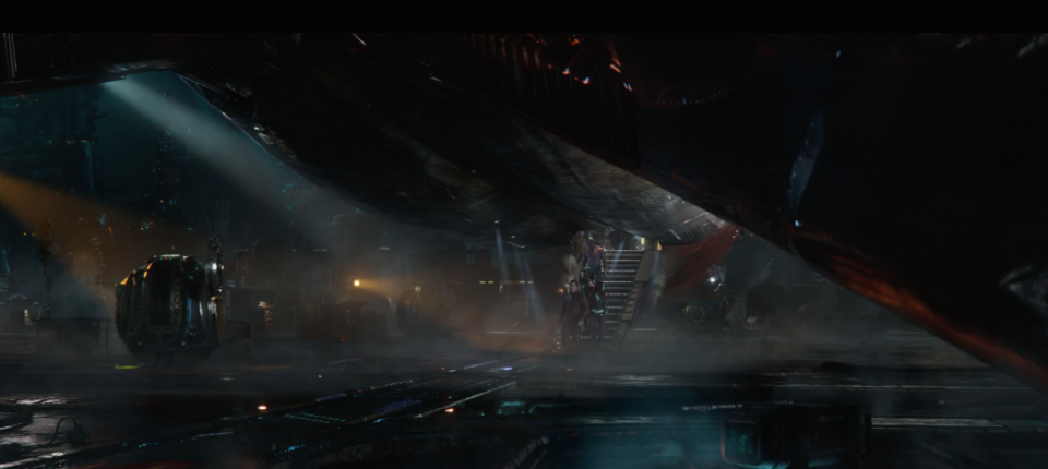 <p>The Guardians step out into what looks like it could be the mobile Asgard we saw at the end of <em>Thor: Ragnarok</em>, or Thanos’ ship itself, or even the Collector’s new ride (Benicio Del Toro is credited on the new poster). Wherever it is, it’s big, and spaceshippy. </p>