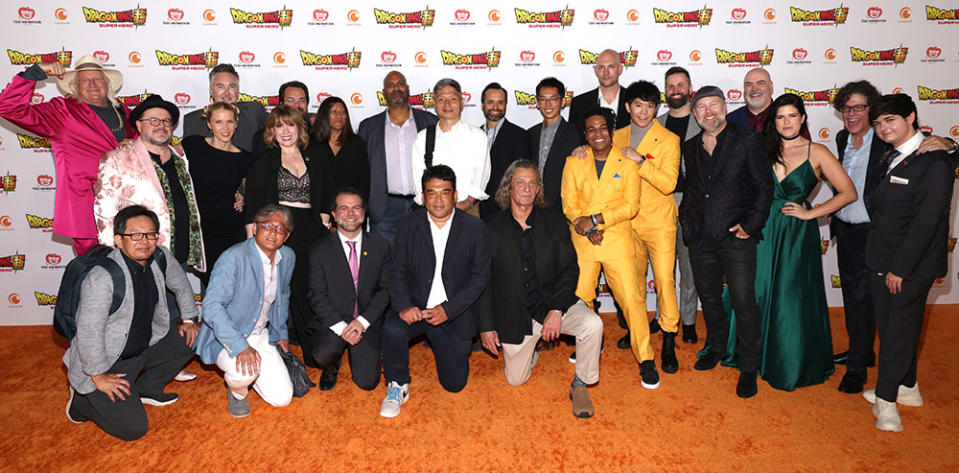 Charles Martinet, Hiroyuki Amano, Sonny Strait, Meredith McCoy, Dameon Clarke, Justin Cook, Bruce Carey, Zeno Robinson, Christopher Sabat, Erica Lindbeck, Sean Schemmel and Zach Aguilar attend the North American Premiere of Crunchyroll's "Dragon Ball Super: Super Hero" at Academy Museum of Motion Pictures on August 10, 2022 in Los Angeles, California.