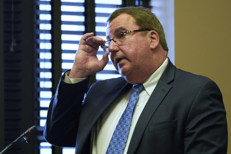 Peter Clett, attorney for The Covenant School, presents arguments against the release of documents and the journals of the Covenant School shooter during a Chancery Court hearing Tuesday, April 16, 2024, in Nashville, Tenn. (AP Photo/George Walker IV)