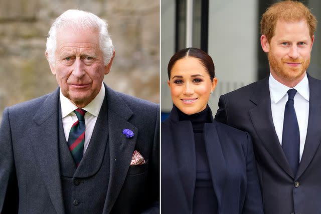 <p>Andrew Milligan - WPA Pool/Getty; Gotham/GC</p> King Charles and Meghan Markle and Prince Harry