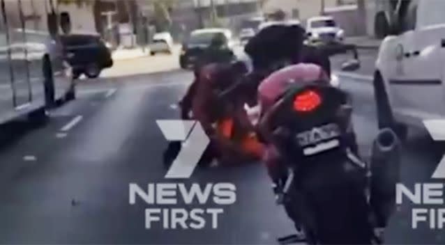 The elderly man was walking across the road when he allegedly started arguing with the motorbike rider. Source: Channel 7