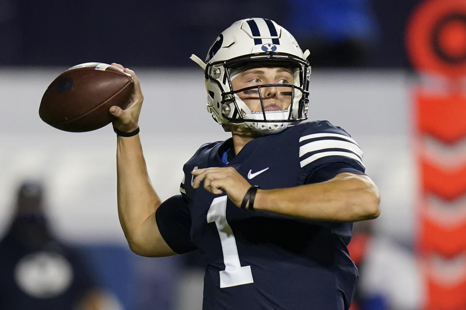 BYU quarterback Zach Wilson (1) throws against Texas State in the first half during an NCAA college football game Saturday, Oct. 24, 2020, in Provo, Utah. (AP Photo/Rick Bowmer)