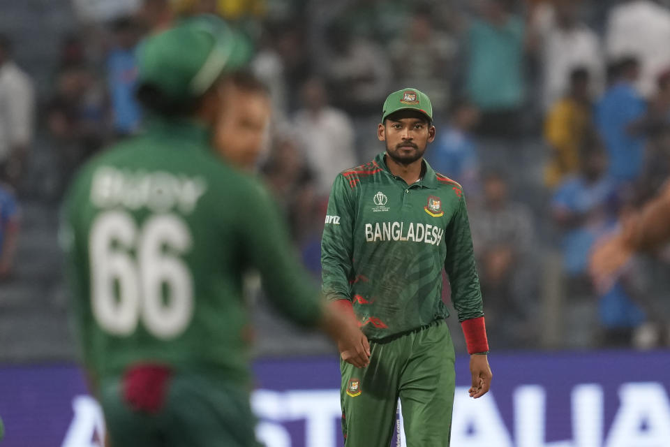 Bangladesh's captain Najmul Hossain Shanto reacts after loosing the ICC Men's Cricket World Cup match between Australia and Bangladesh in Pune, India, Saturday, Nov. 11, 2023. (AP Photo/Rafiq Maqbool)