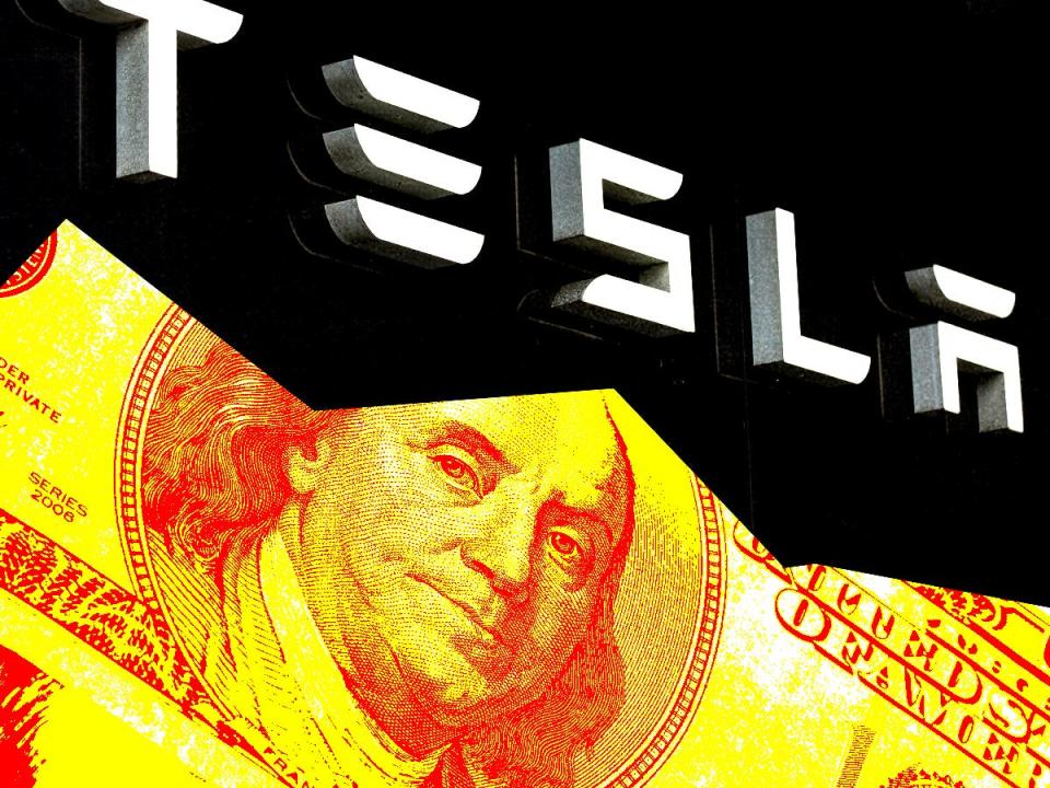A graphic of a Tesla logo above a $100 bill in the shape of a downward graph.