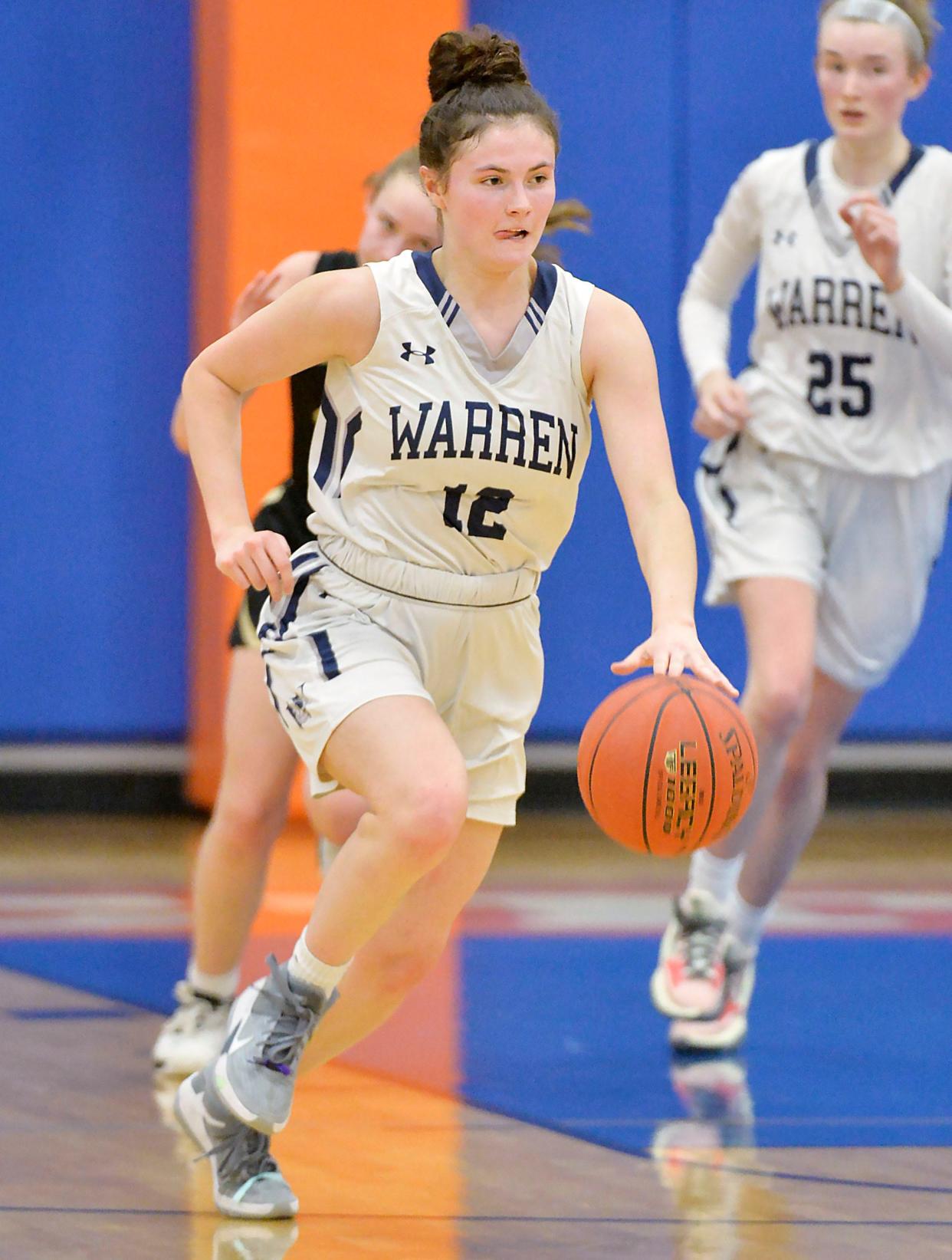 Warren Area High School senior Riley Childress competes during a District 10 Class 5A semifinal against Grove City on March 2, 2022, inside the Joann Mullen Gymnasium at the Hagerty Fameily Events Center in Erie.