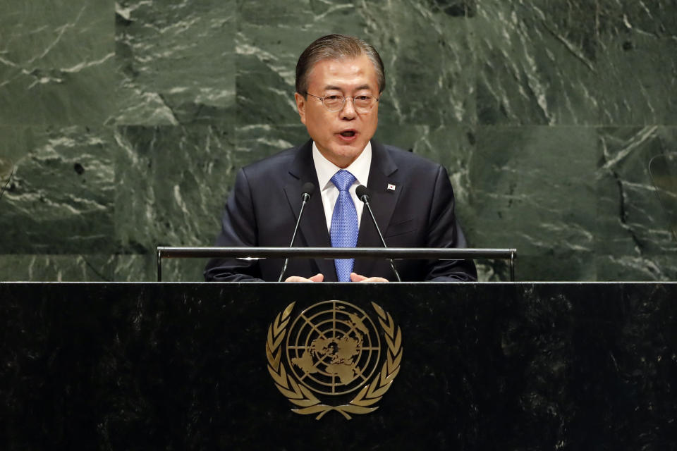 South Korea's President Moon Jae-in addresses the 74th session of the United Nations General Assembly, Tuesday, Sept. 24, 2019. (AP Photo/Richard Drew)