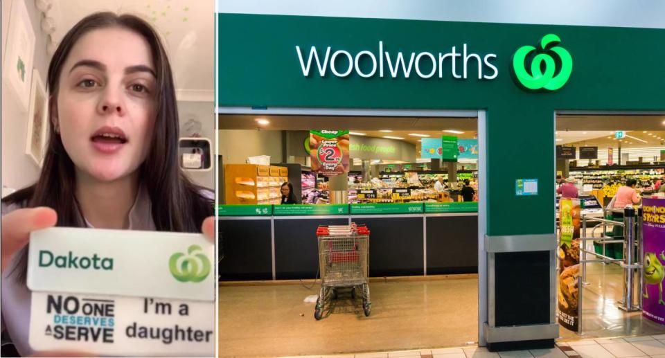 Side-by-side image. Left: Woolworths worker holding a badge that says 