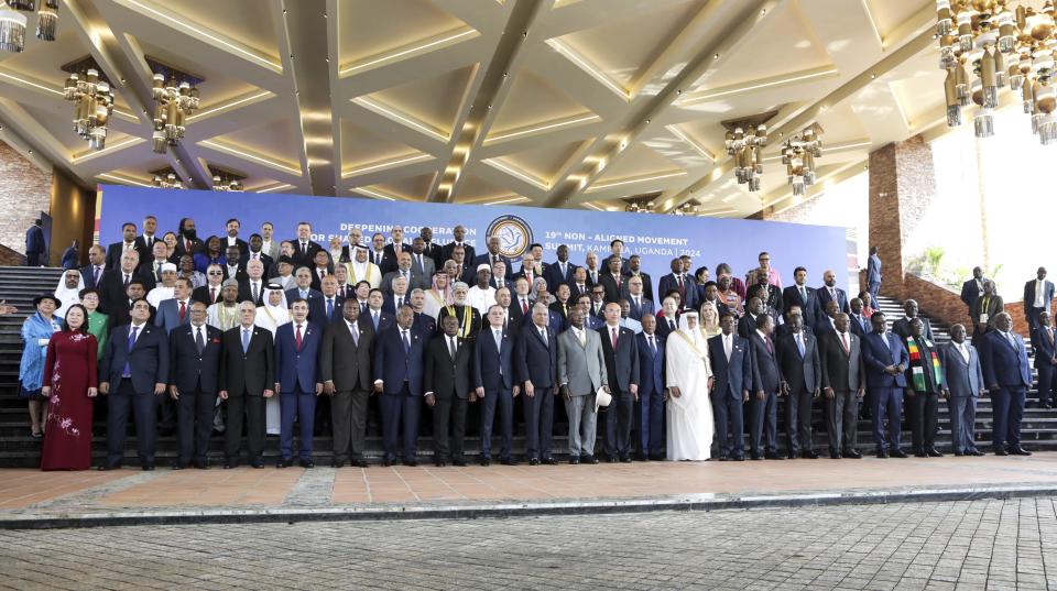 Heads of States and members of the Non-Aligned Movement (NAM), pose for a photo at Speke resort convention centre in Kampala, Uganda Friday, Jan. 19, 2024. The President of the United Nations General Assembly Denis Francis and African Union Commission Chairman Moussa Faki Mahamat have called for an immediate ceasefire in Gaza. (AP Photo/Hajarah Nalwadda)