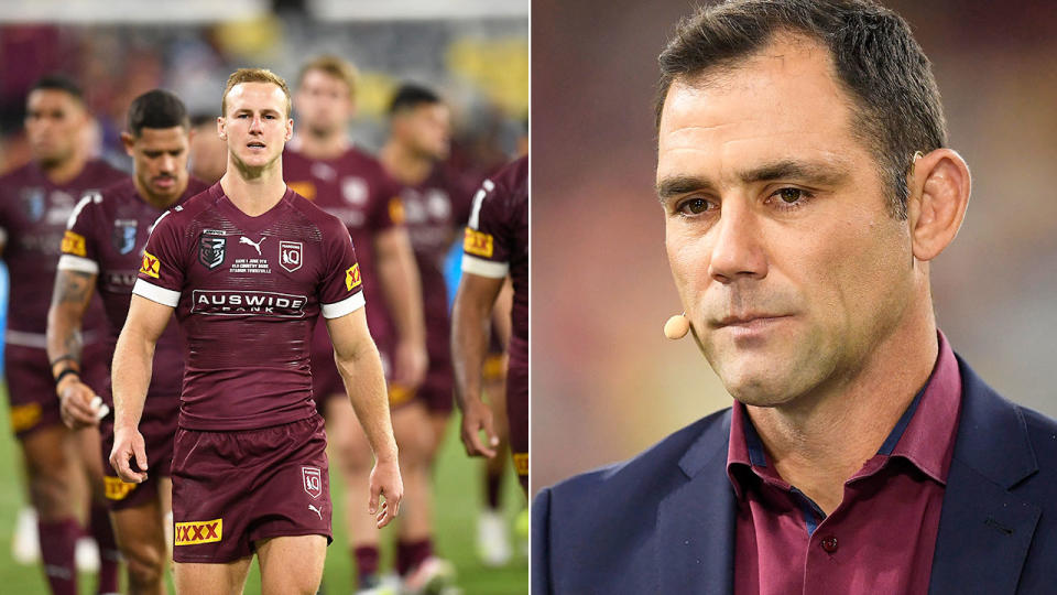 QLD great Cam Smith is pictured right and the defeated Maroons players from Game I on the left.