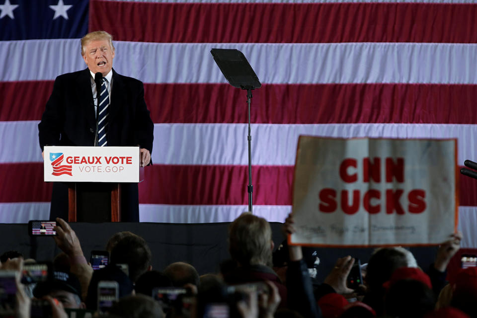 Trump speaks during a “Thank You USA” tour rally