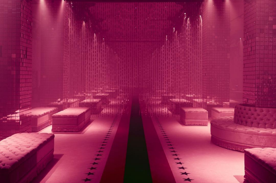 <p>Glittering with over 250,000 pink sequins, Gucci’s smoking set turned into an optical illusion just like a fun fair’s hall of mirrors. A curved runway - marked by the house’s signature stripe - and luxe pink sofas topped off the disco vibe.</p><p><i>[Photo: Instagram/gucci]</i></p>