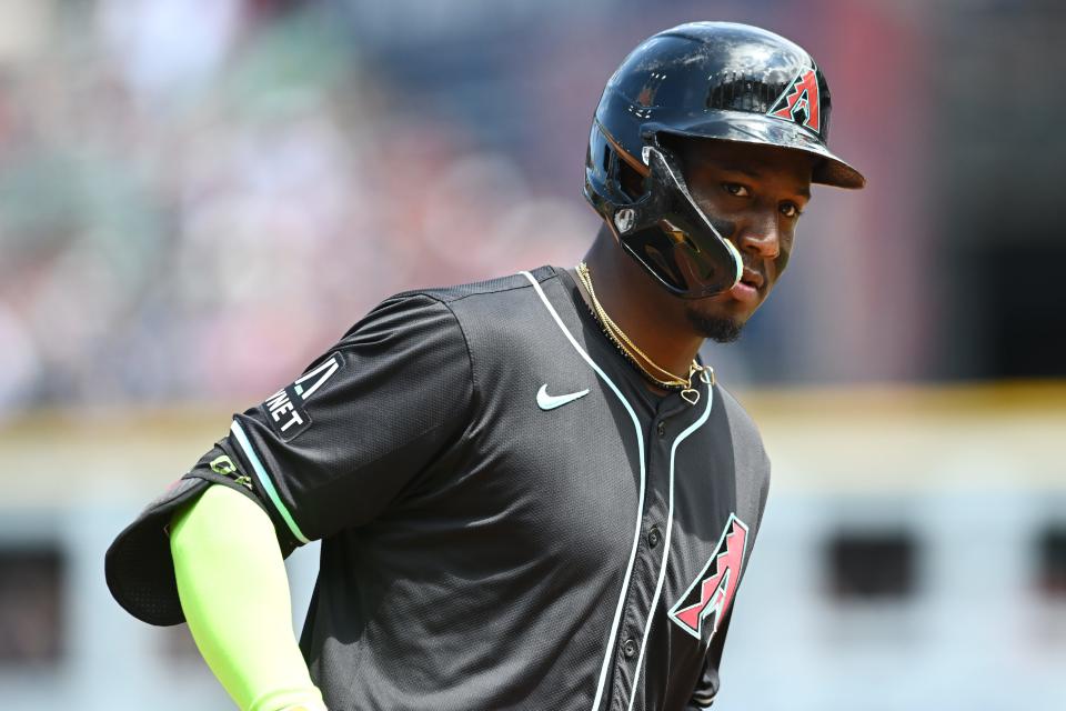 Aug 7, 2024; Cleveland, Ohio, USA; Arizona Diamondbacks shortstop Geraldo Perdomo (2) rounds the bases after hitting a home run during the second inning against the Cleveland Guardians at Progressive Field. Mandatory Credit: Ken Blaze-USA TODAY Sports