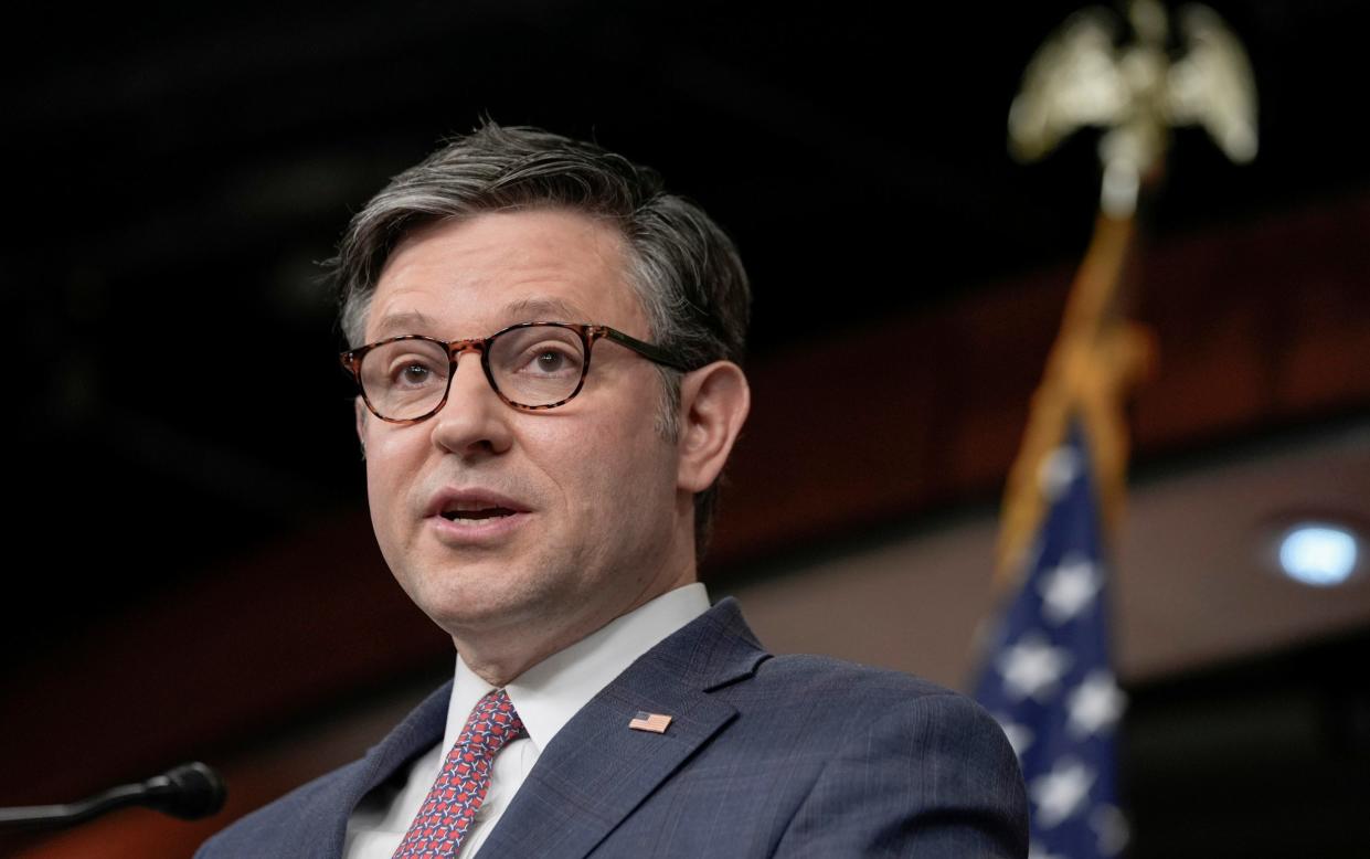 Speaker of the House Mike Johnson, R-La., speaks during a news conference on Capitol Hill, April 10, 2024.