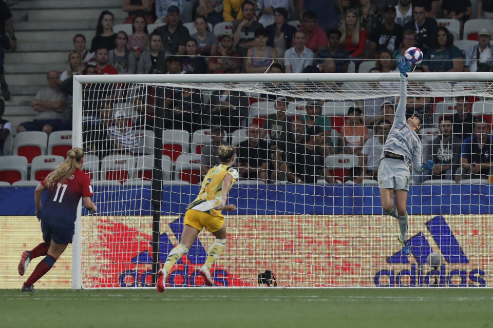 Australia goalkeeper Lydia Williams, right, saves a ball during the Women's World Cup round of 16 soccer match between Norway and Australia at the Stade de Nice in Nice, France, Saturday, June 22, 2019. (AP Photo/Thibault Camus)