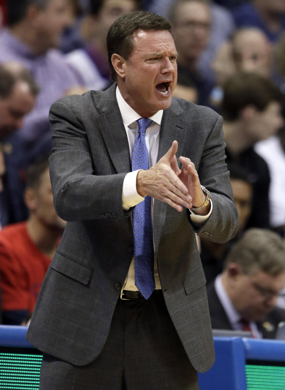 Kansas head coach Bill Self directs his team during the second half of an NCAA college basketball game against Villanova in Lawrence, Kan., Saturday, Dec. 15, 2018. Kansas defeated Villanova 74-71. (AP Photo/Orlin Wagner)