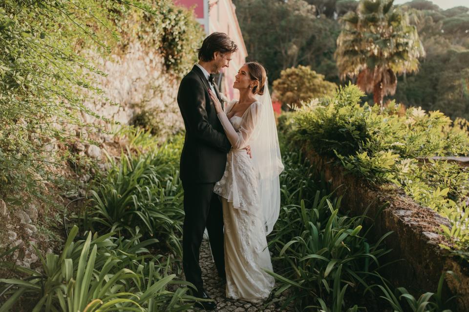 The Bride Wore Feathers for Her Civil Ceremony in London, and a Dress Embroidered With Peonies to Her Micro-Wedding in Portugal