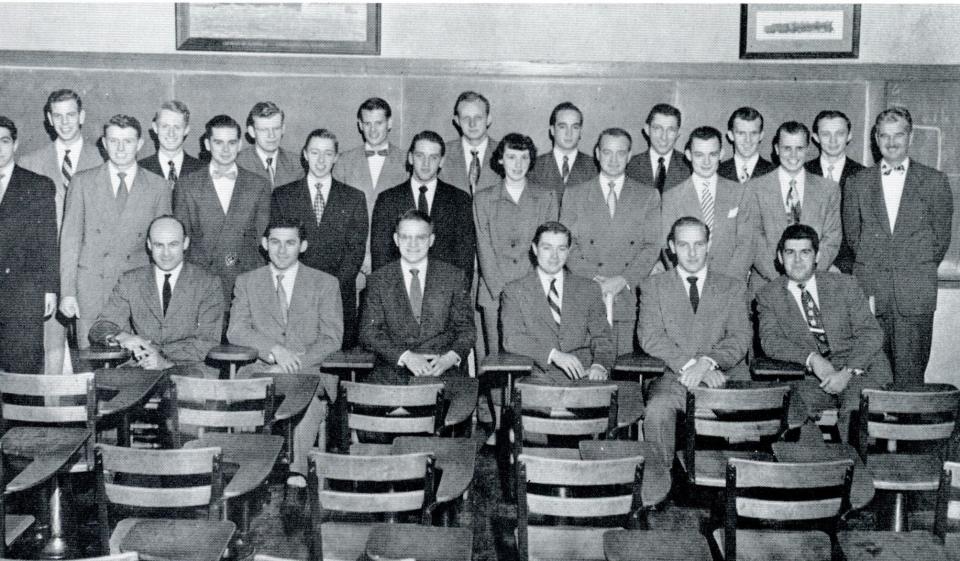 Jeannine (Skelton) McKee can be seen in the center of this photo of the 1950–51 Miami University Omega Chapter of Beta Alpha Psi that appeared in the 1951 Miami Recensio.