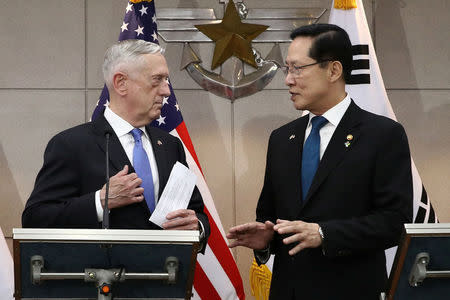 U.S. Secretary of Defense James Mattis (L) talks with South Korean Defense Minister Song Young-moo (R) before their meeting on June 28, 2018 in Seoul, South Korea. Chung Sung-Jun/Pool via REUTERS