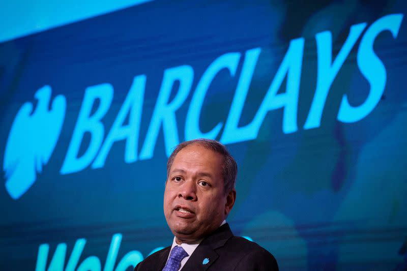 FILE PHOTO: Barclays CEO C. S. Venkatakrishnan speaks during the Barclays Sustainable Finance conference in New York City