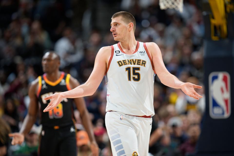 Denver Nuggets center Nikola Jokic looks for a call during the second half of the team's NBA basketball game against the Phoenix Suns on Wednesday, Jan. 11, 2023, in Denver. (AP Photo/David Zalubowski)