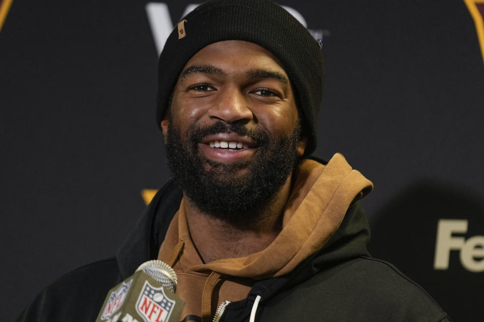 FILE - Washington Commanders quarterback Jacoby Brissett answers questions during a news conference after playing the New York Jets in an NFL football game, Sunday, Dec. 24, 2023, in East Rutherford, N.J. One thing Jacoby Brissett has learned during his eight-year NFL career is to maximize opportunity. That is how he is approaching his second stint with the New England Patriots. (AP Photo/Seth Wenig, File)