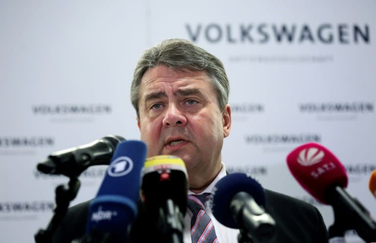 German Vice Chancellor, Economy and Energy Minister Sigmar Gabriel gives a press statement during a works council assembly of German car manufacturing giant Volkswagen (VW) in Wolfsburg, central Germany, on October 8, 2015