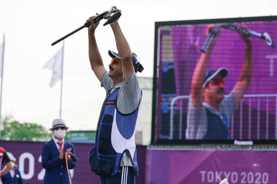 Abdullah Alrashidi, of Kuwait, reacts after competing in the men's skeet at the Asaka Shooting Range in the 2020 Summer Olympics, Monday, July 26, 2021, in Tokyo, Japan. Alrashidi went on to take the bronze medal. (AP Photo/Alex Brandon)