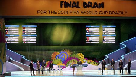 The groups for the 2014 World Cup finals are shown on the screen after the draw was made at the Costa do Sauipe resort in Sao Joao da Mata, Bahia state, December 6, 2013.REUTERS/Sergio Moraes