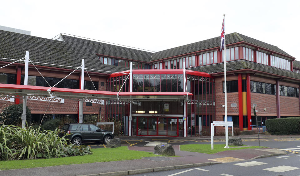 The Princess Royal Hospital in Haywards Heath, England, where doses of the COVID-19 vaccine developed by Oxford University and U.K.-based drugmaker AstraZeneca arrived on Saturday Jan. 2, 2021. at The UK has 530,000 doses available for rollout from Monday. (Gareth Fuller/Pool via AP)