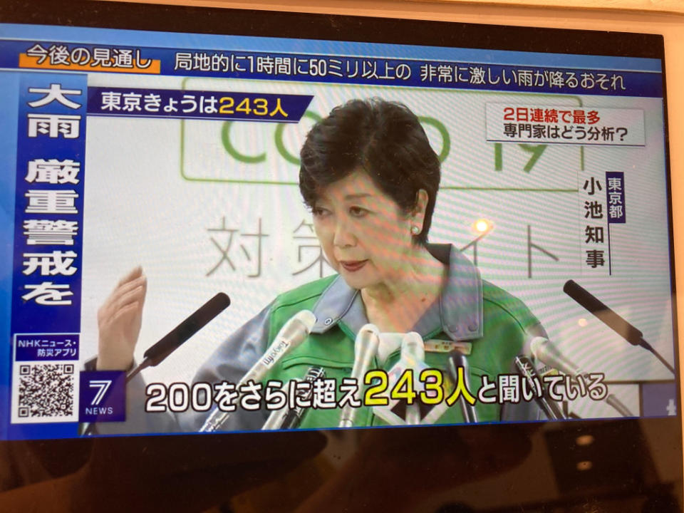 東京連日確診創新高，小池還是強調8成是年輕人，事實上近半傳染途徑不明，中高年也很多 圖：攝自NHK新聞