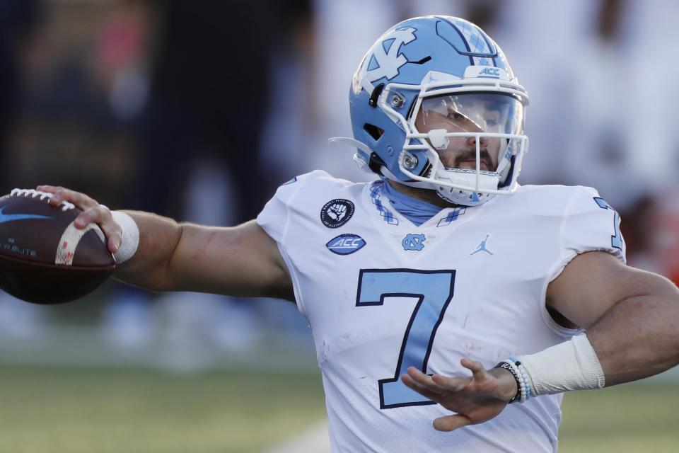 North Carolina quarterback Sam Howell plays against Boston College during the first half of an NCAA college football game, Saturday, Oct. 3, 2020, in Boston. (AP Photo/Michael Dwyer)