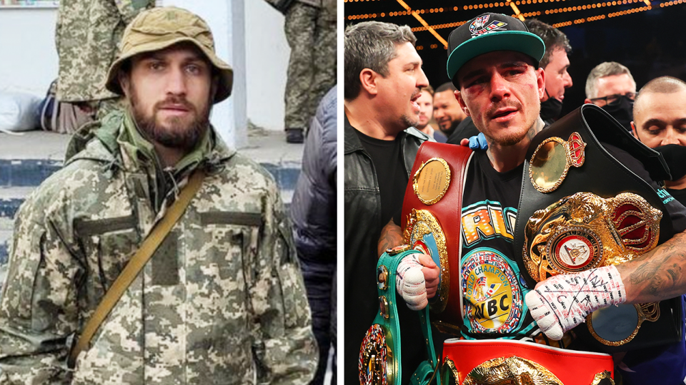 Aussie boxing champion George Kambosos (pictured right) with his belts and (pictured left) Vasily Lomachenko in military gear in Ukraine.