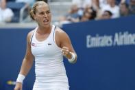 Sep 1, 2018; New York, NY, USA; Dominika Cibulkova of Slovakia reacts after winning the second set against Angelique Kerber of Germany (not pictured) in the third round on day six of the US Open at USTA Billie Jean King National Tennis Center. Mandatory Credit: Geoff Burke-USA TODAY Sports