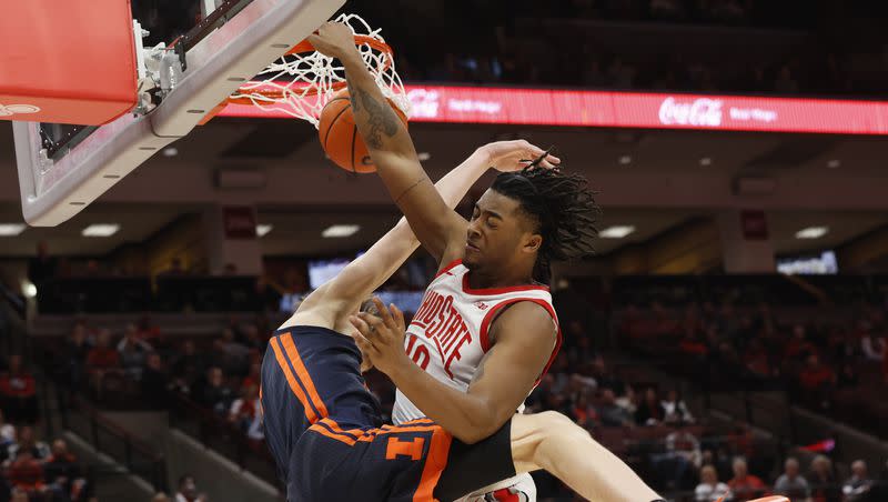 Ohio State’s Brice Sensabaugh plays against Illinois during an NCAA college basketball game Sunday, Feb. 26, 2023, in Columbus, Ohio.
