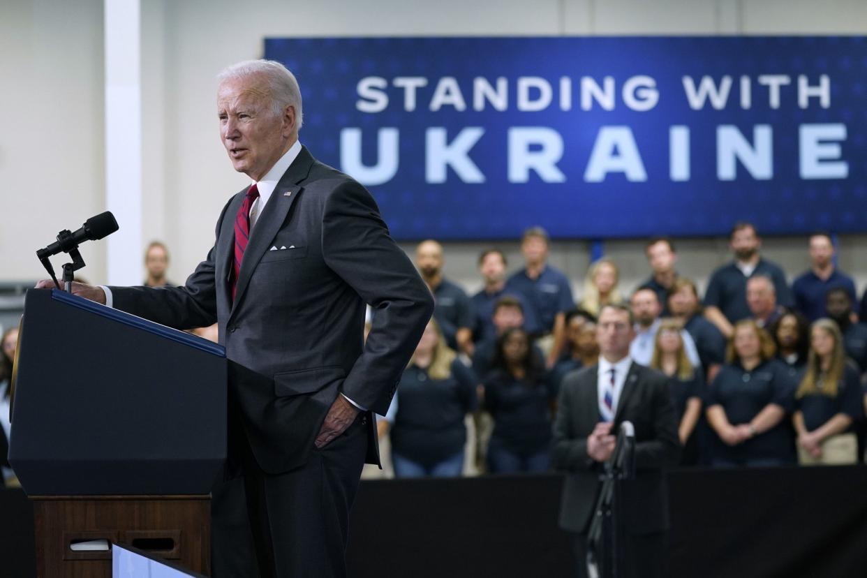 President Joe Biden speaks on security assistance to Ukraine during a visit to the Lockheed Martin Pike County Operations facility where they manufacture Javelin anti-tank missiles, Tuesday, May 3, 2022, in Troy, Ala.