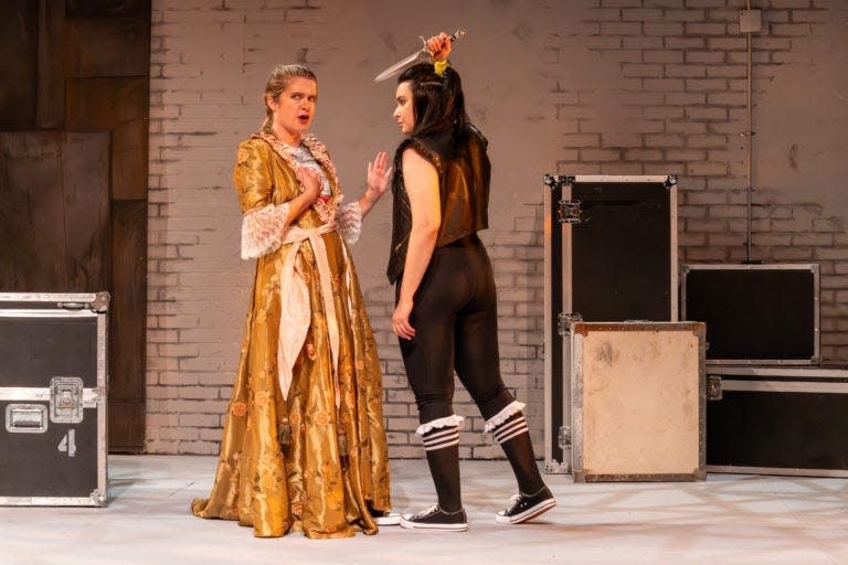 Lacy Allen and Madeline Bundy stare daggers at each other in Wellfleet Harbor Actors Theater production offering a sort-of short version of all of William Shakespeare's work.