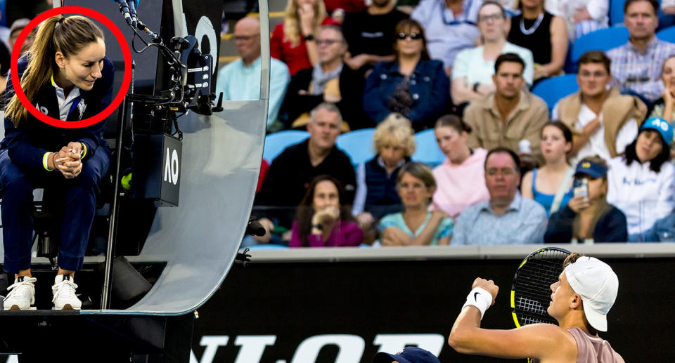 Pictured left to right, chair umpire Marijana Veljovic and Holger Rune.