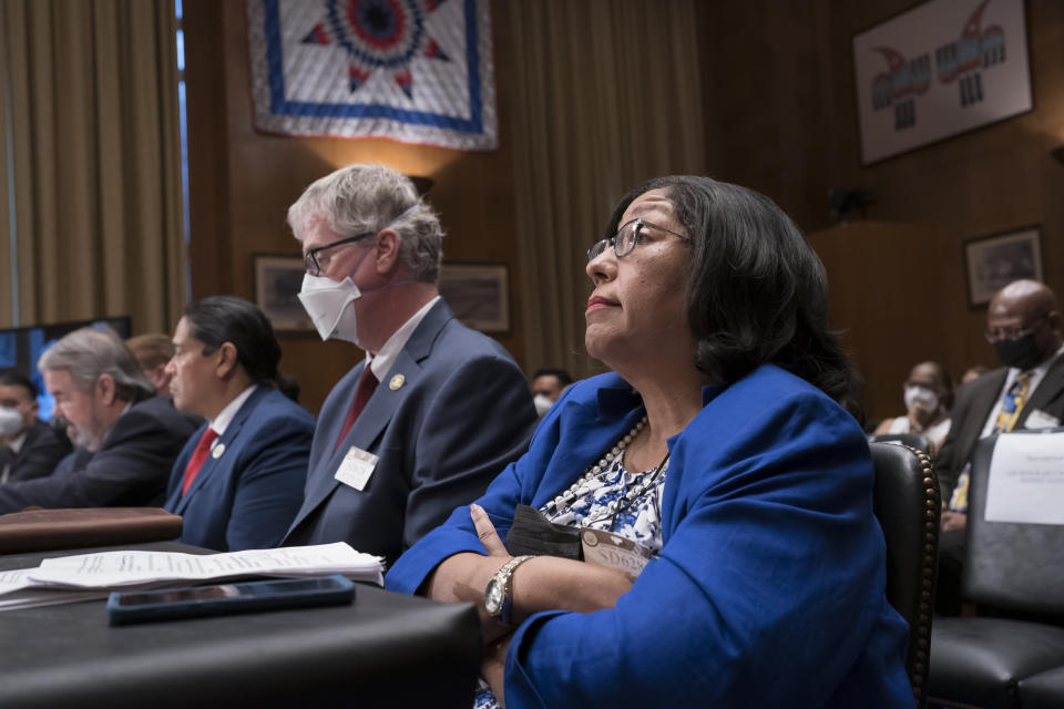Marilyn Vann, president of the Descendants of Freedmen of the Five Tribes Association of Oklahoma City, testifies before the Senate Indian Affairs Committee about the status of the descendants of enslaved people formerly held by the Muscogee (Creek), Chickasaw, Choctaw, Seminole and Cherokee Nations, at the Capitol in Washington, Wednesday, July 27, 2022. (AP Photo/J. Scott Applewhite)