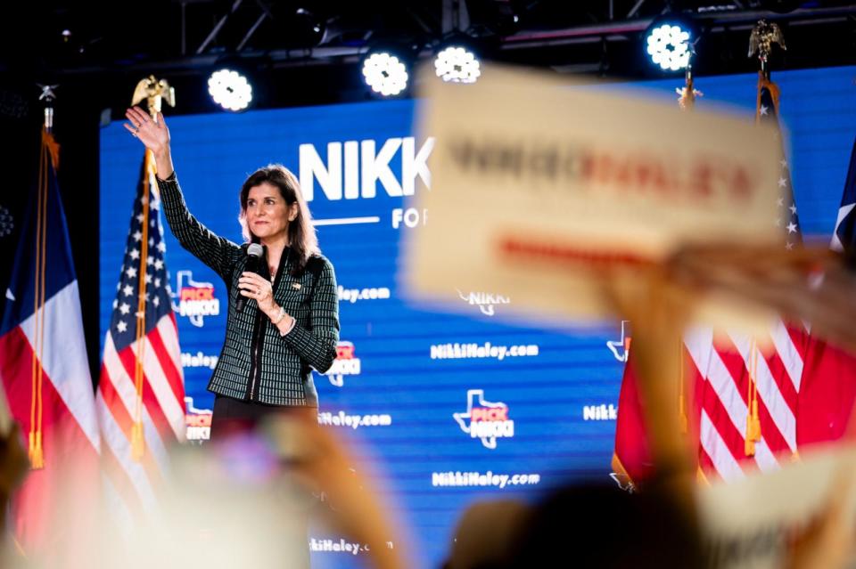 PHOTO: Republican presidential candidate former U.N. Ambassador Nikki Haley waves to the crowd at the conclusion of a campaign rally at the Sawyer Park Icehouse bar, March 4, 2024, in Spring, Texas. (Brandon Bell/Getty Images)