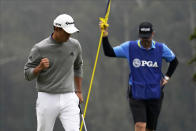 Collin Morikawa celebrates after a birdie on the 16th hole during the final round of the PGA Championship golf tournament at TPC Harding Park Sunday, Aug. 9, 2020, in San Francisco. (AP Photo/Jeff Chiu)